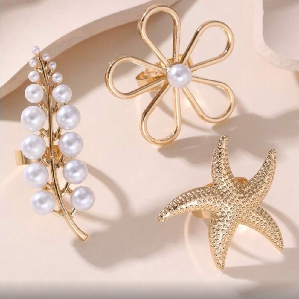 ✨NEW Gold tone and Pearl Starfish and Flower Ring Set - Picture 2 of 9
